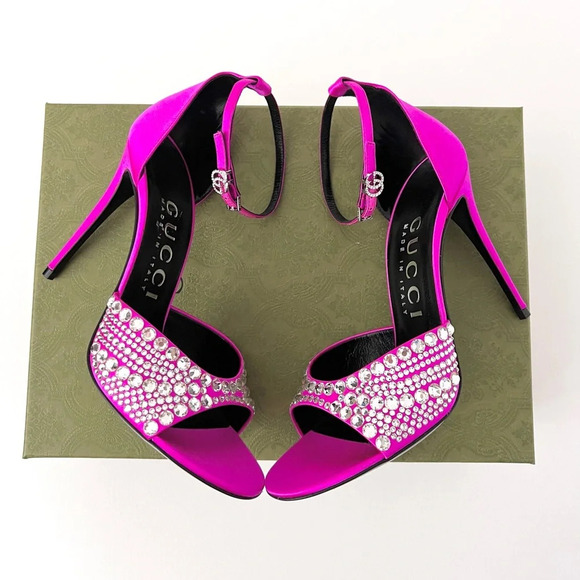 Gucci Shoes - New GUCCI Crystal GG Embellished Hot Pink Fuchsia Satin Heel Sandal Ankle Strap